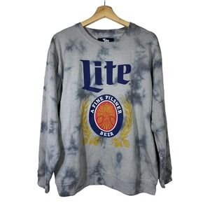 Miller Lite Sweater Womens Medium Gray‎ Sweatshirt Pullover Fleece Tie Dye Beer